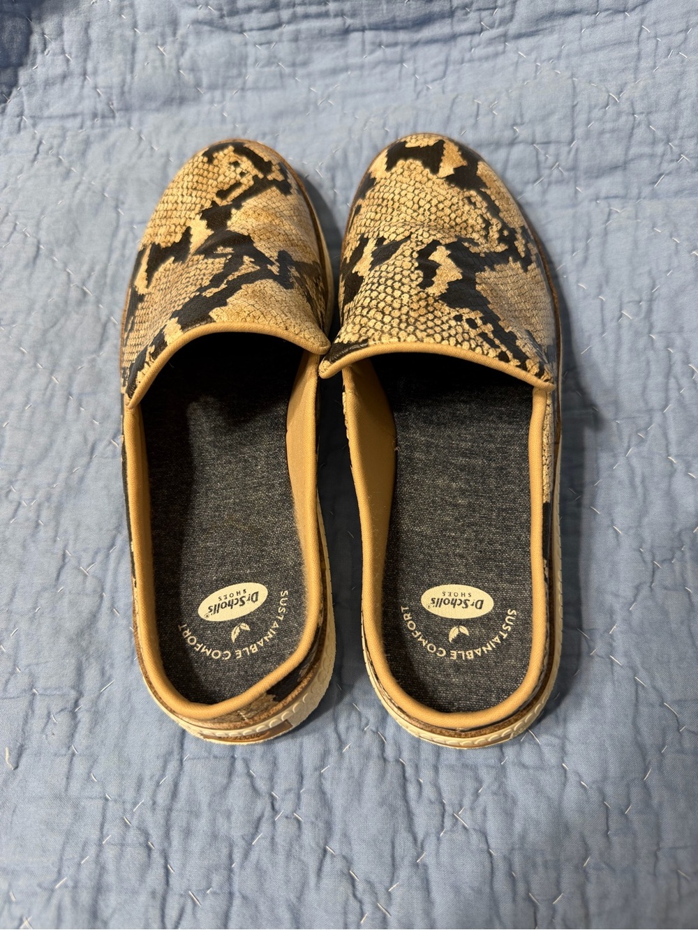 Dr Scholl’s Slip-On Mules in Tan and Black with Snakeskin Texture